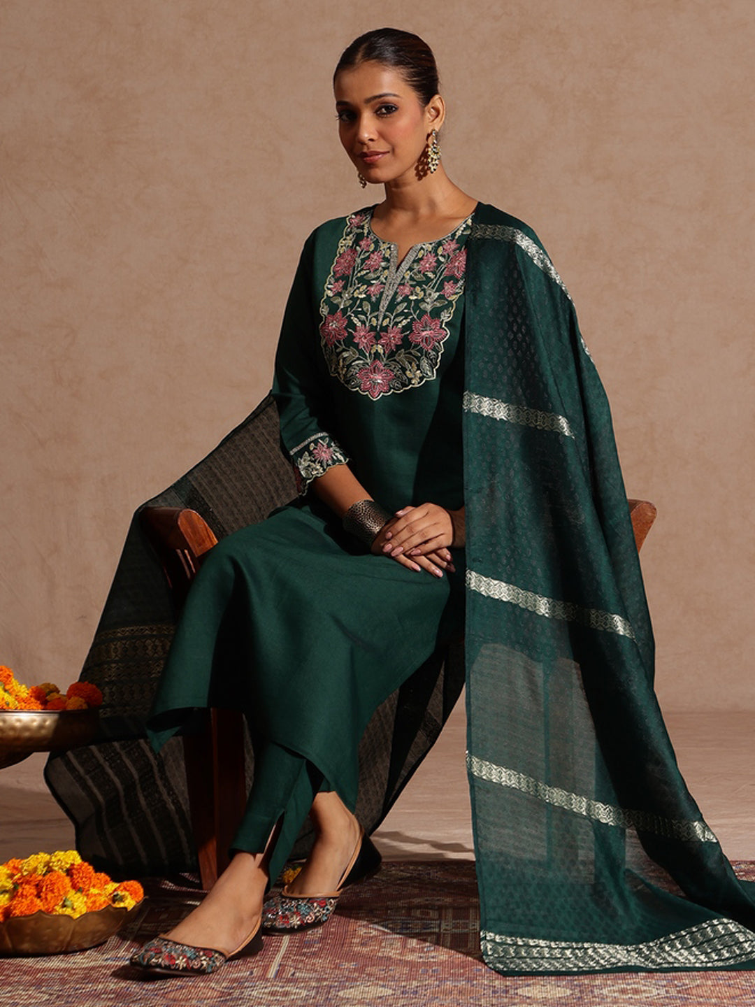 Bottle Green Silk Blend Yoke Embroidery 3-Piece Kurta Set