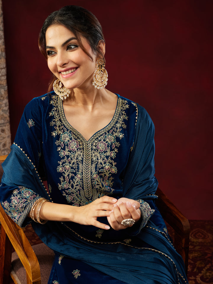 Teal Velvet Embellished 3-Piece Kurta Set