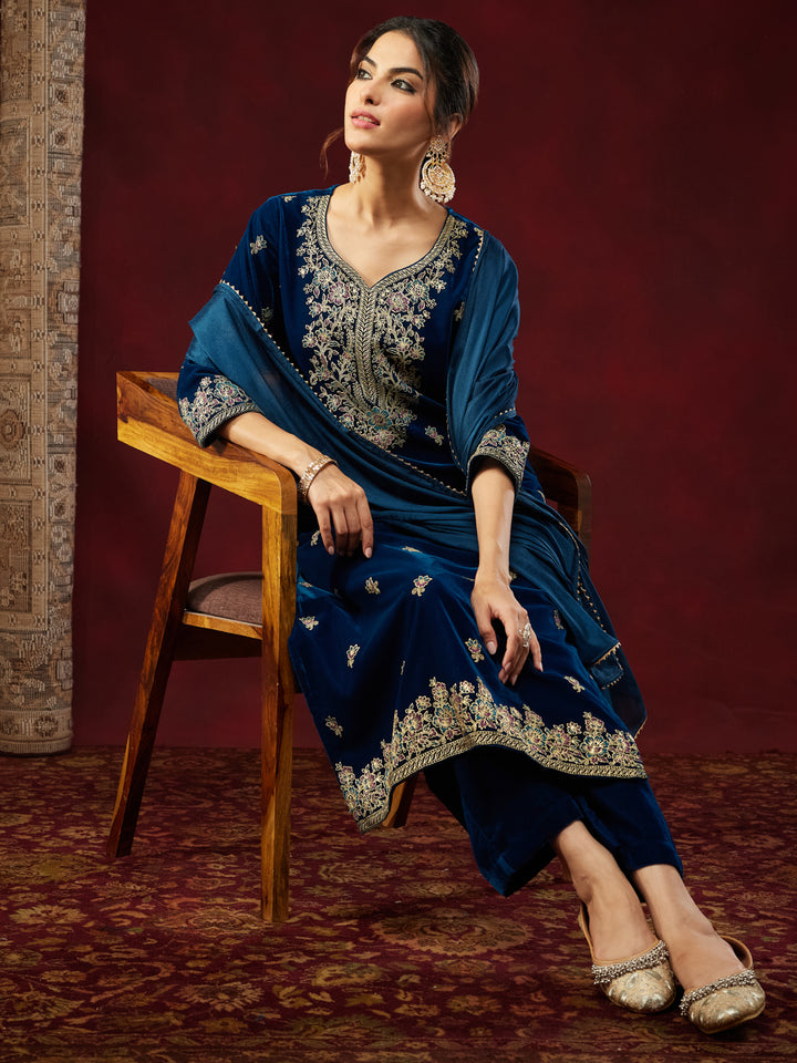 Teal Velvet Embellished 3-Piece Kurta Set