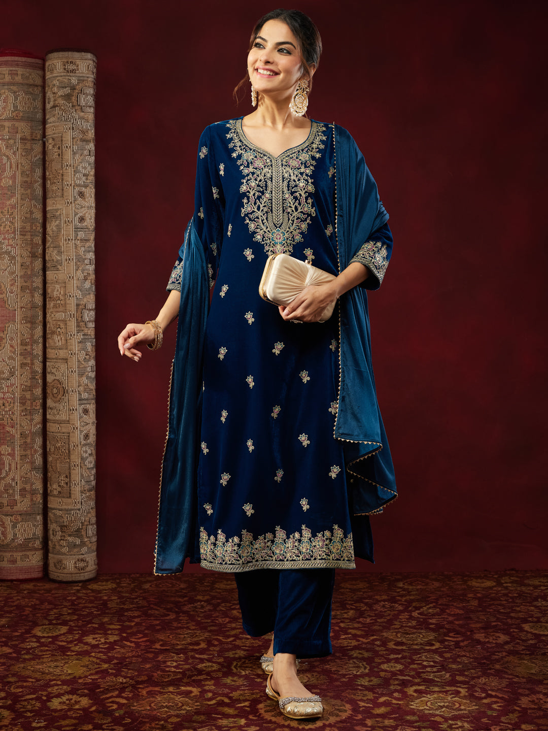 Teal Velvet Embellished 3-Piece Kurta Set