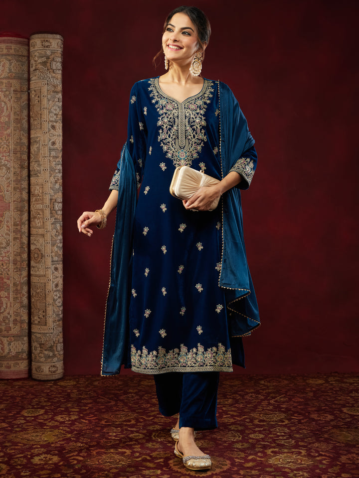 Teal Velvet Embellished 3-Piece Kurta Set