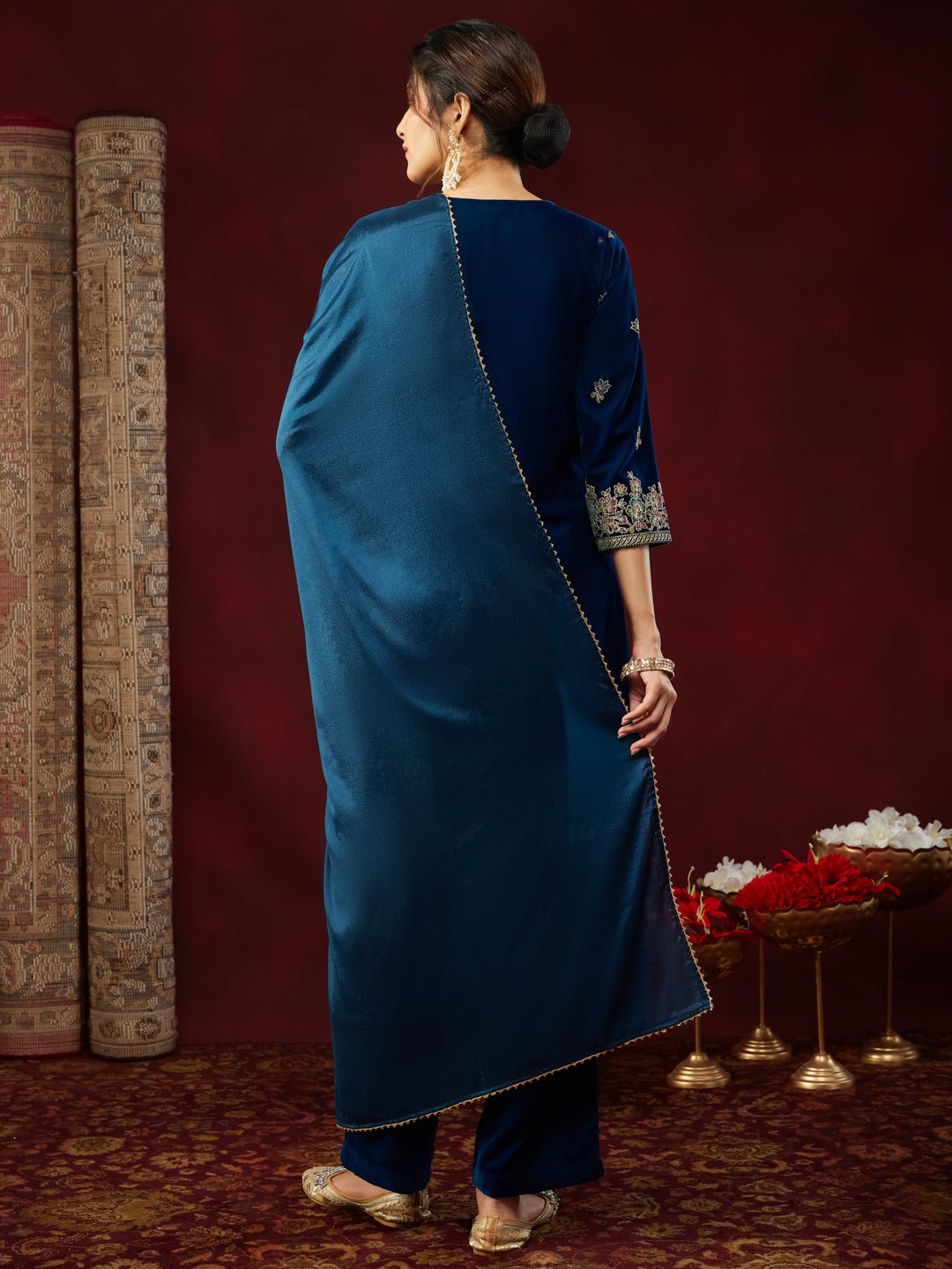 Teal Velvet Embellished 3-Piece Kurta Set