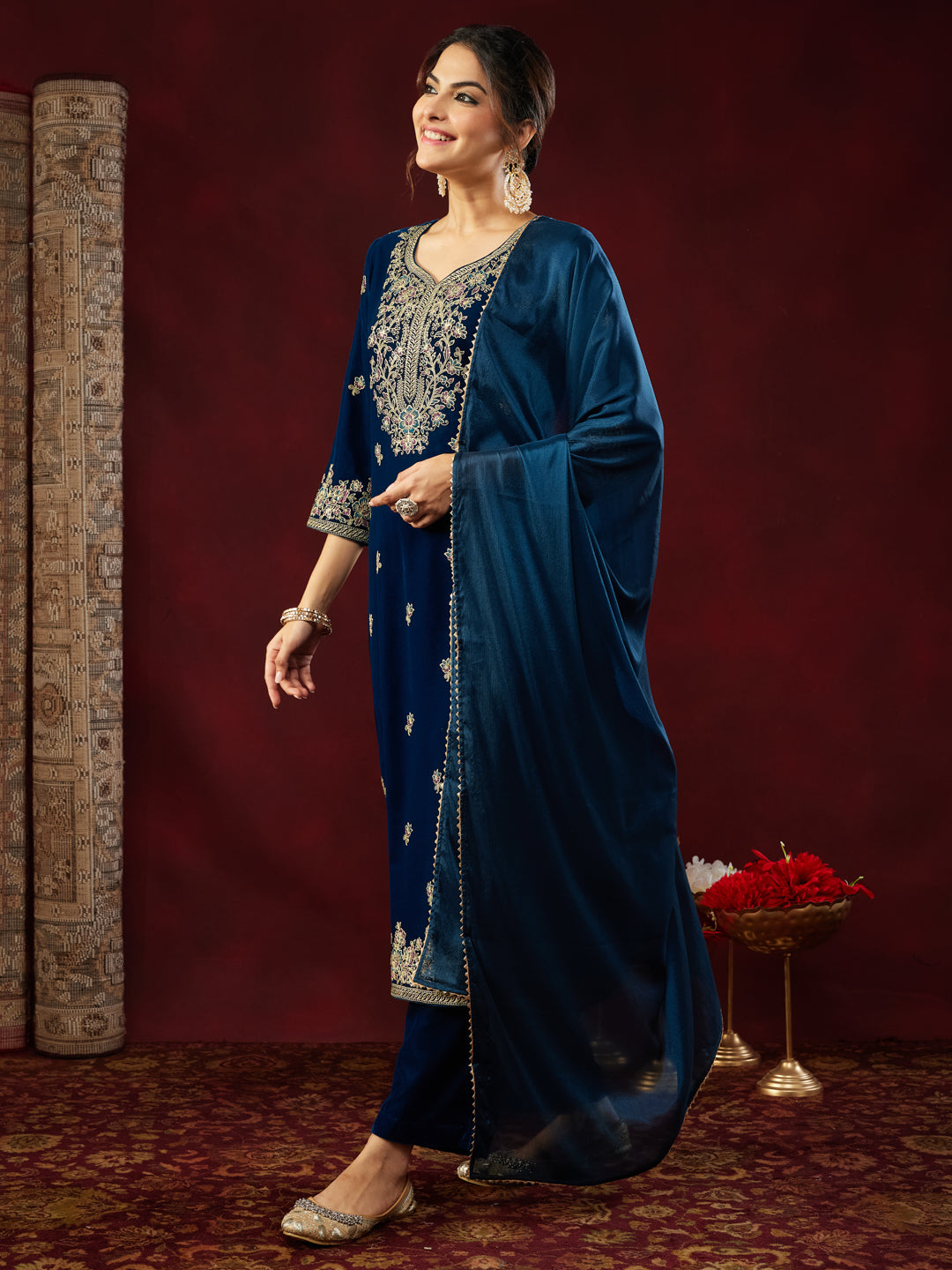 Teal Velvet Embellished 3-Piece Kurta Set