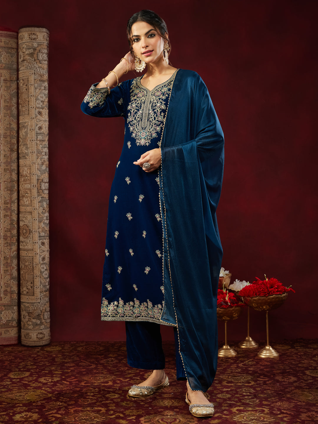 Teal Velvet Embellished 3-Piece Kurta Set