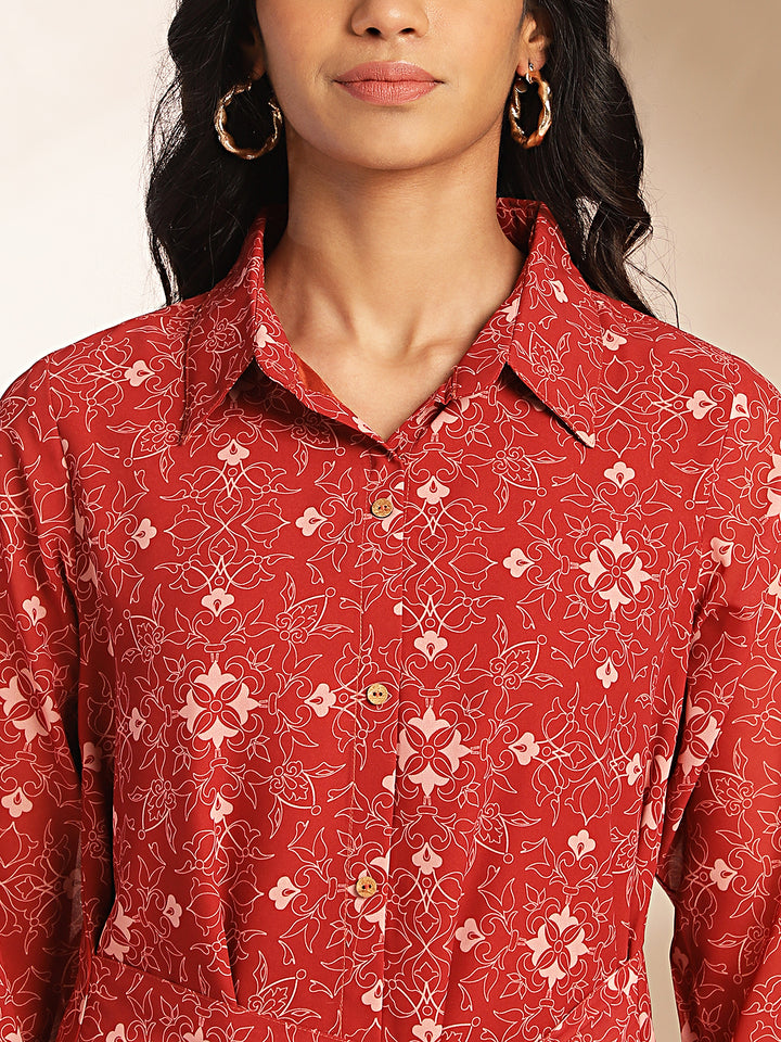 Maroon-Georgette-Shirt-Collar-Dress