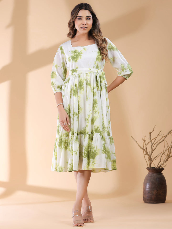 White & Green Tie-Dye Cotton Tiered Dress