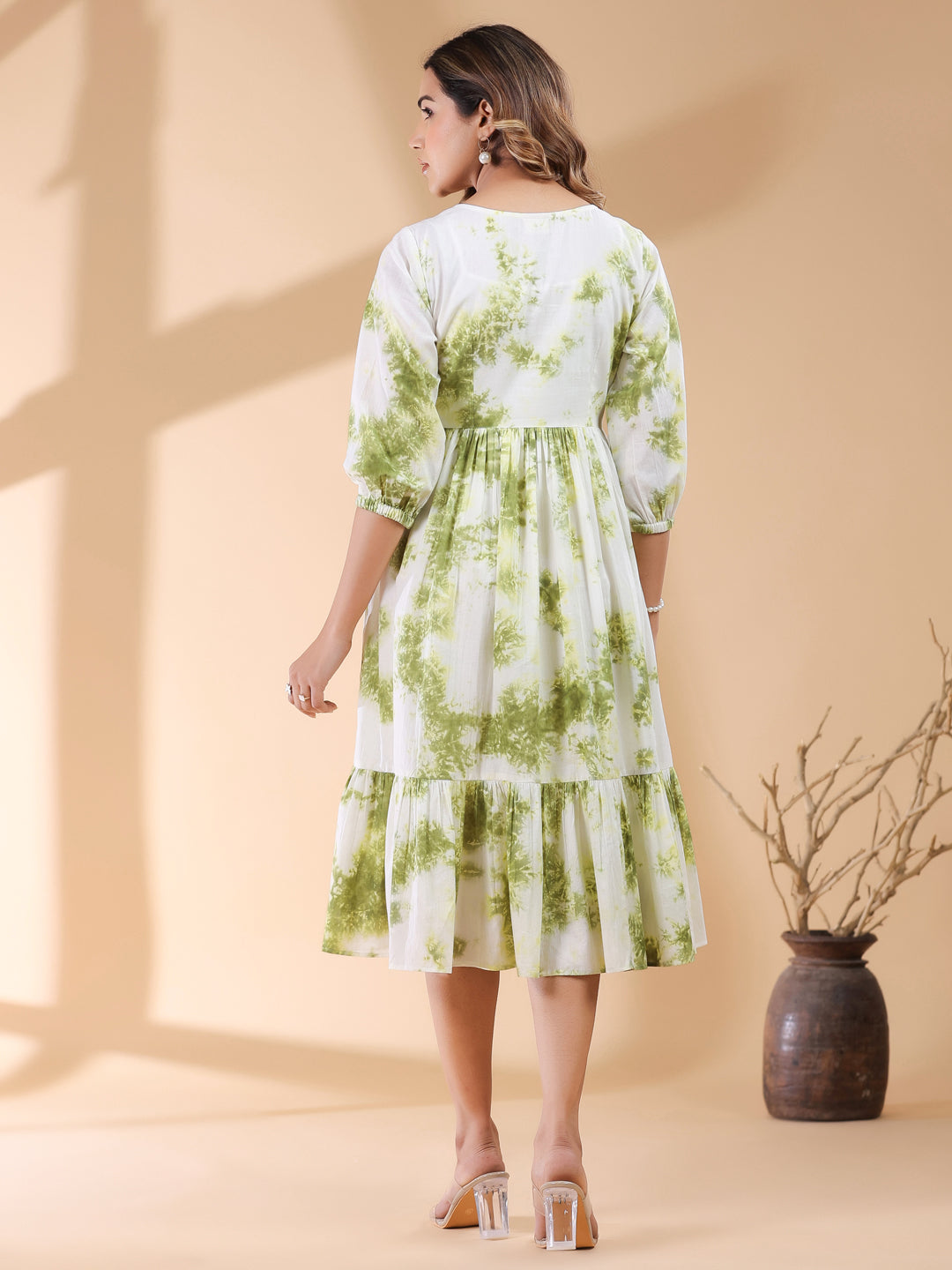 White & Green Tie-Dye Cotton Tiered Dress