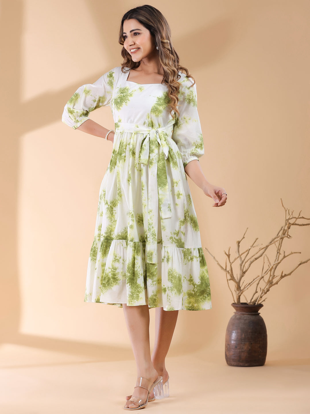 White & Green Tie-Dye Cotton Tiered Dress