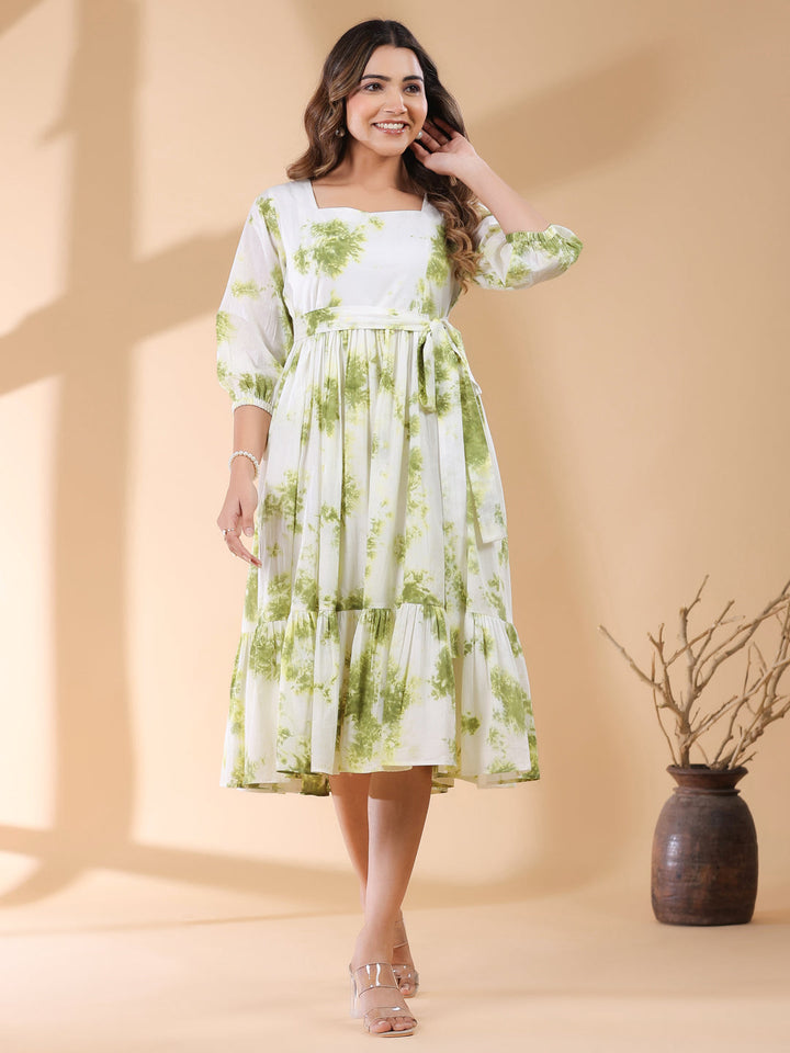 White & Green Tie-Dye Cotton Tiered Dress