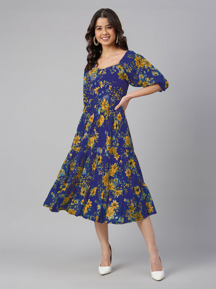 Blue Georgette Floral Tiered Midi Dress