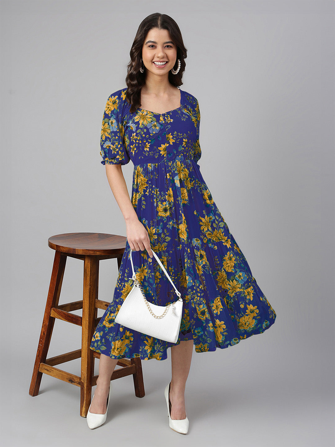 Blue Georgette Floral Tiered Midi Dress