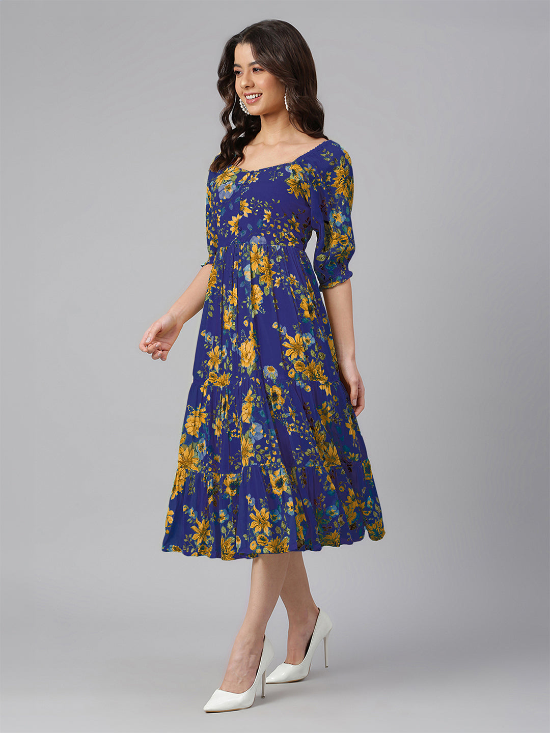 Blue Georgette Floral Tiered Midi Dress
