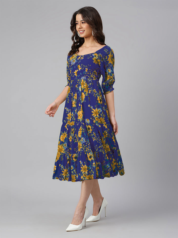 Blue Georgette Floral Tiered Midi Dress