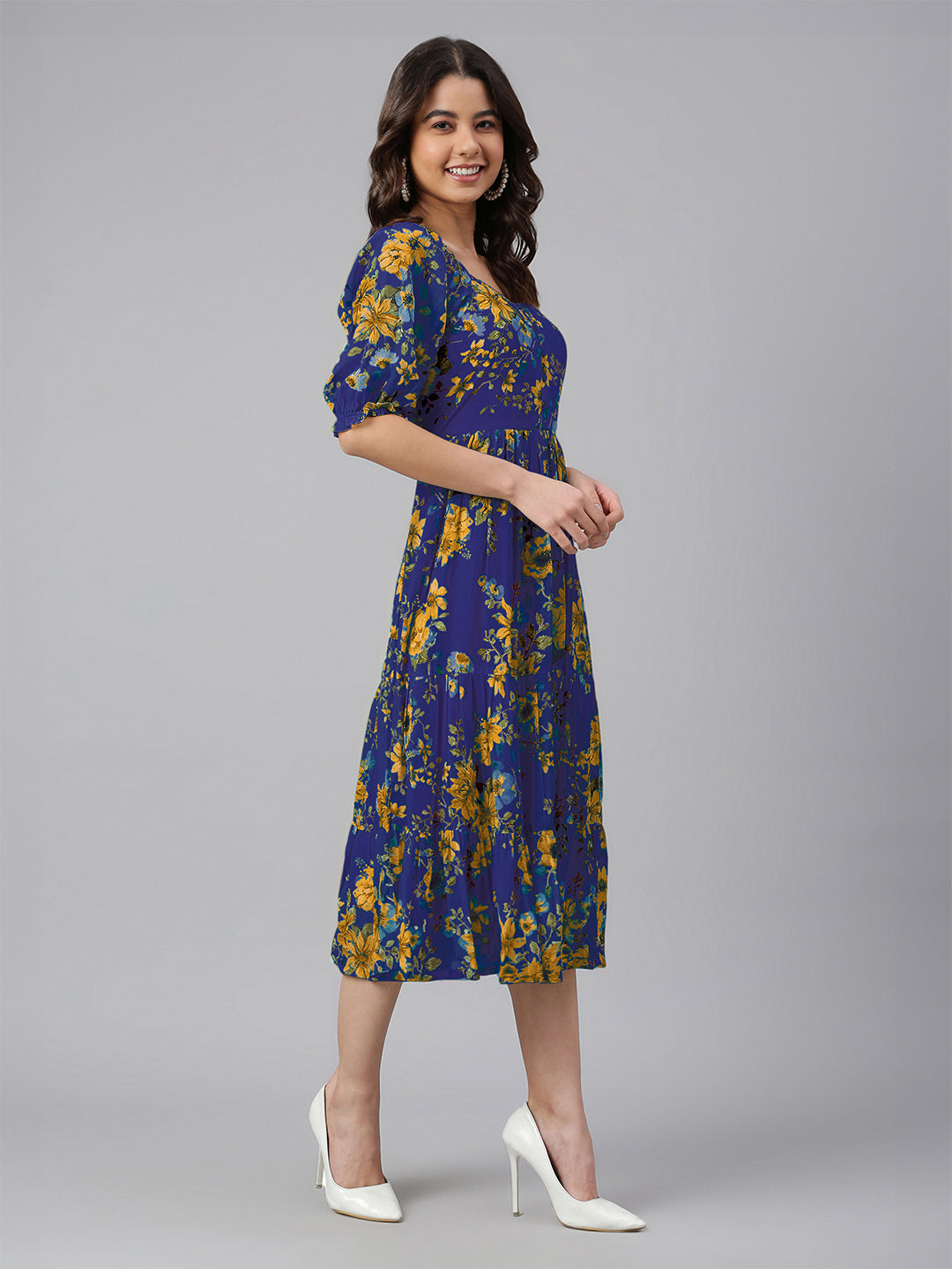 Blue Georgette Floral Tiered Midi Dress