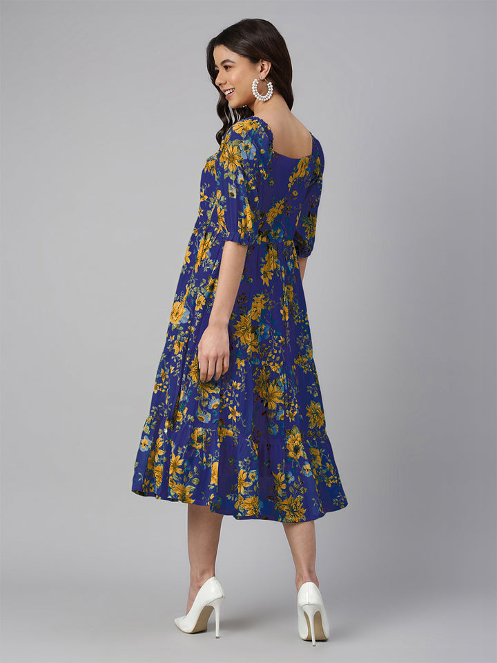 Blue Georgette Floral Tiered Midi Dress
