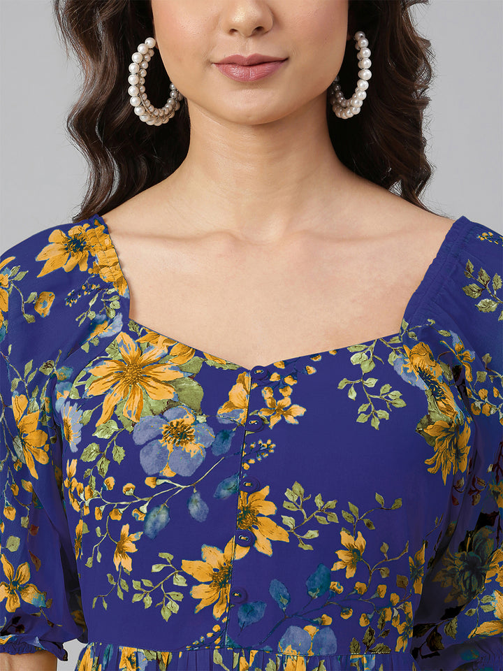 Blue Georgette Floral Tiered Midi Dress