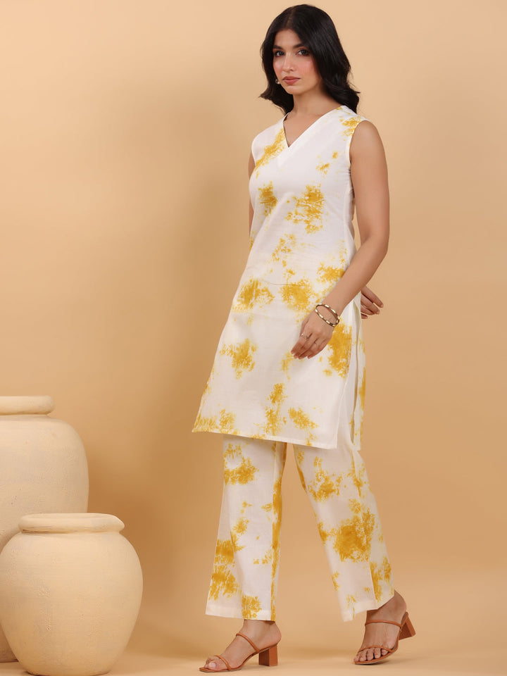 Cream Cotton Mustard Tie-Dye Kurta Set