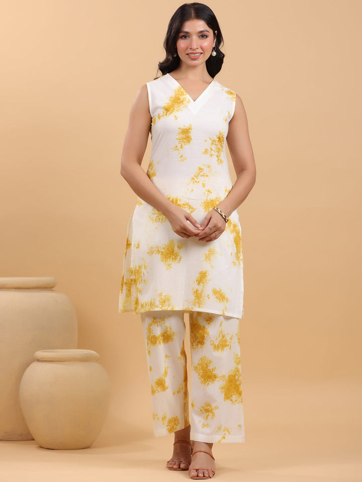 Cream Cotton Mustard Tie-Dye Kurta Set