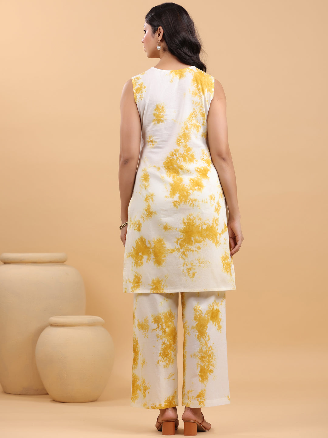 Cream Cotton Mustard Tie-Dye Kurta Set