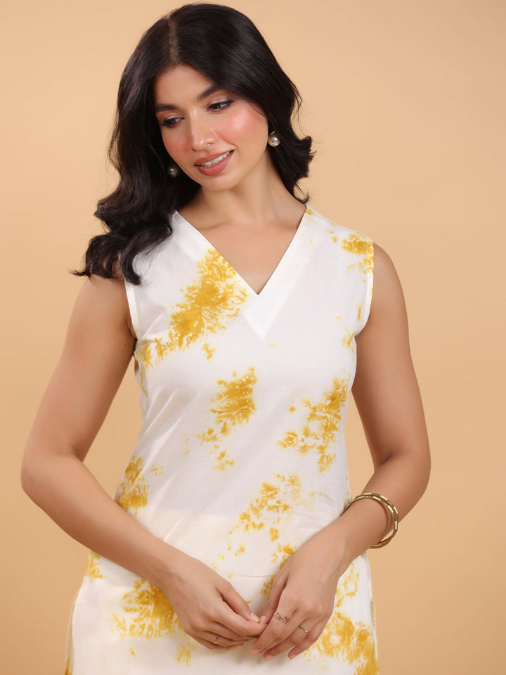 Cream Cotton Mustard Tie-Dye Kurta Set