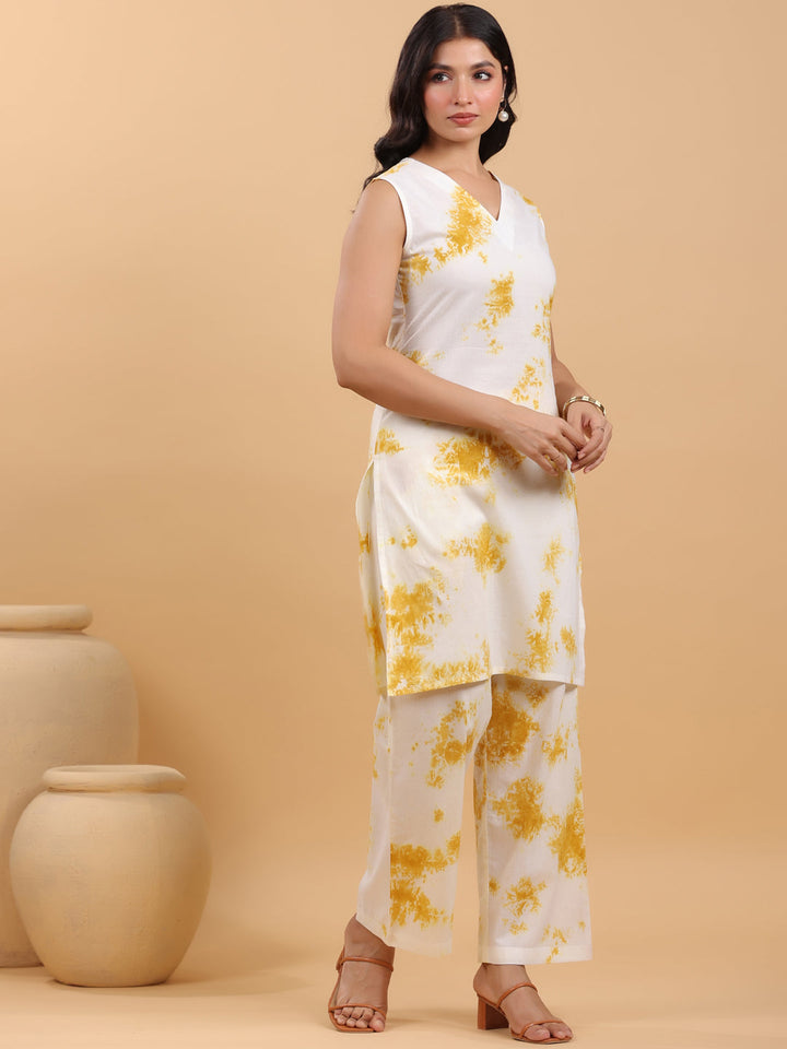 Cream Cotton Mustard Tie-Dye Kurta Set