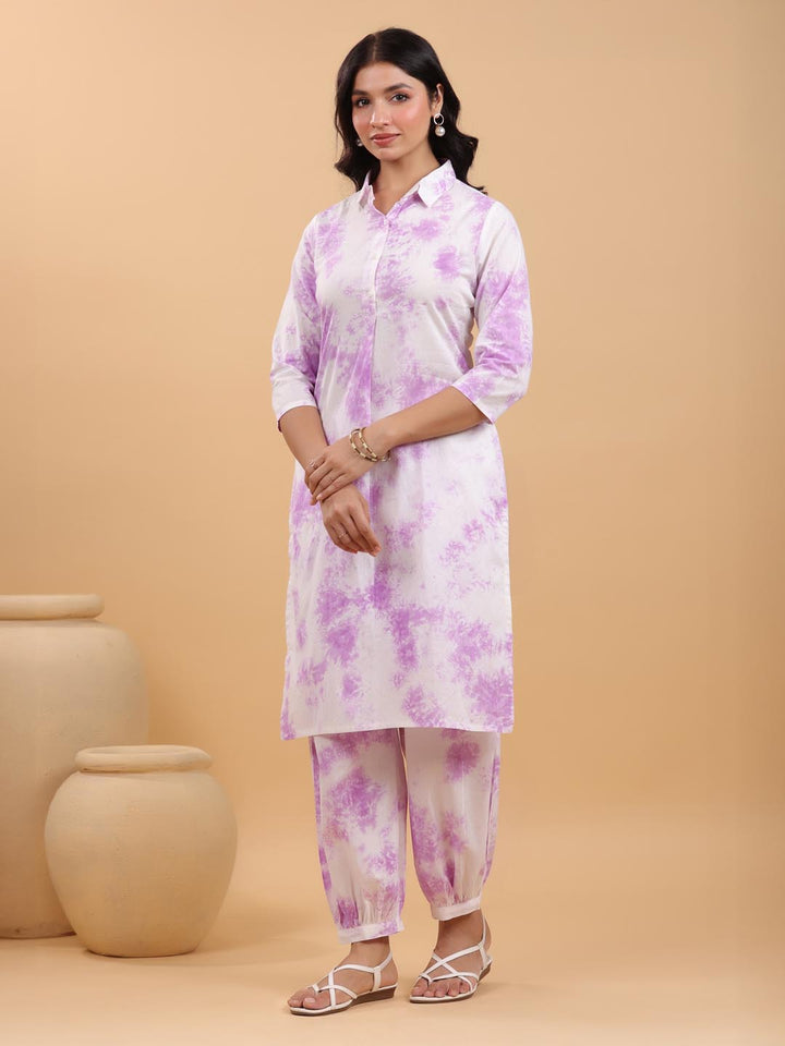 White Cotton Lavender Tie-Dye Kurta Set