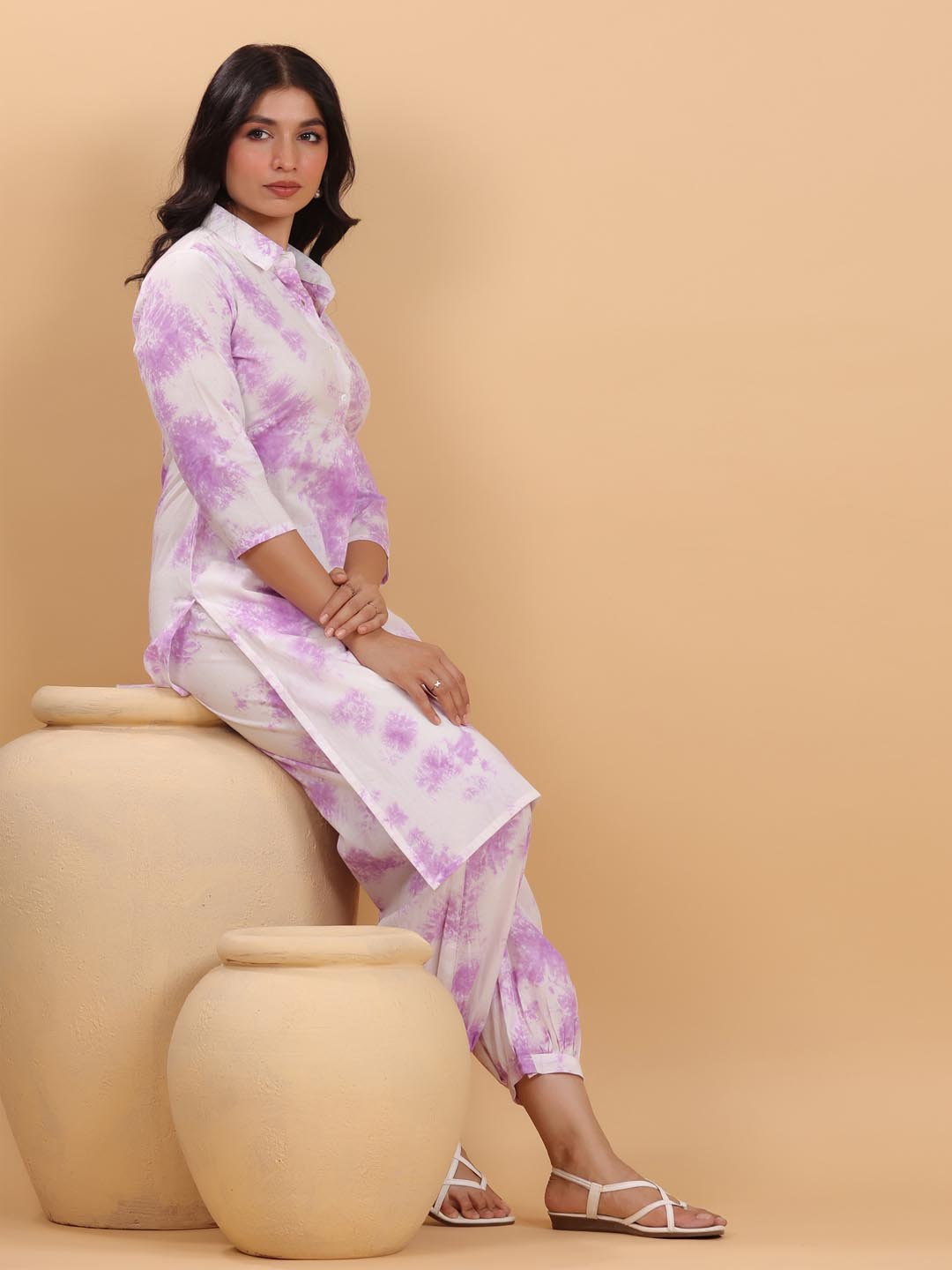 White Cotton Lavender Tie-Dye Kurta Set