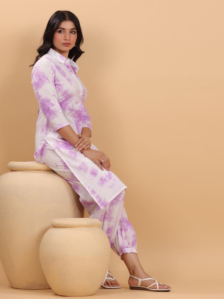 White Cotton Lavender Tie-Dye Kurta Set