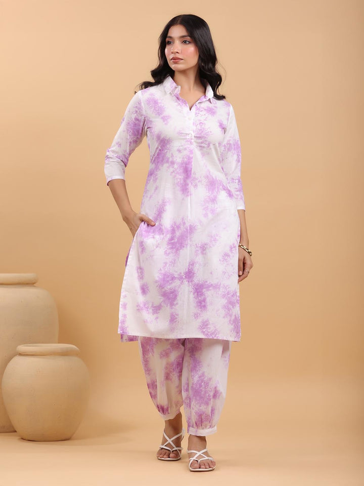 White Cotton Lavender Tie-Dye Kurta Set