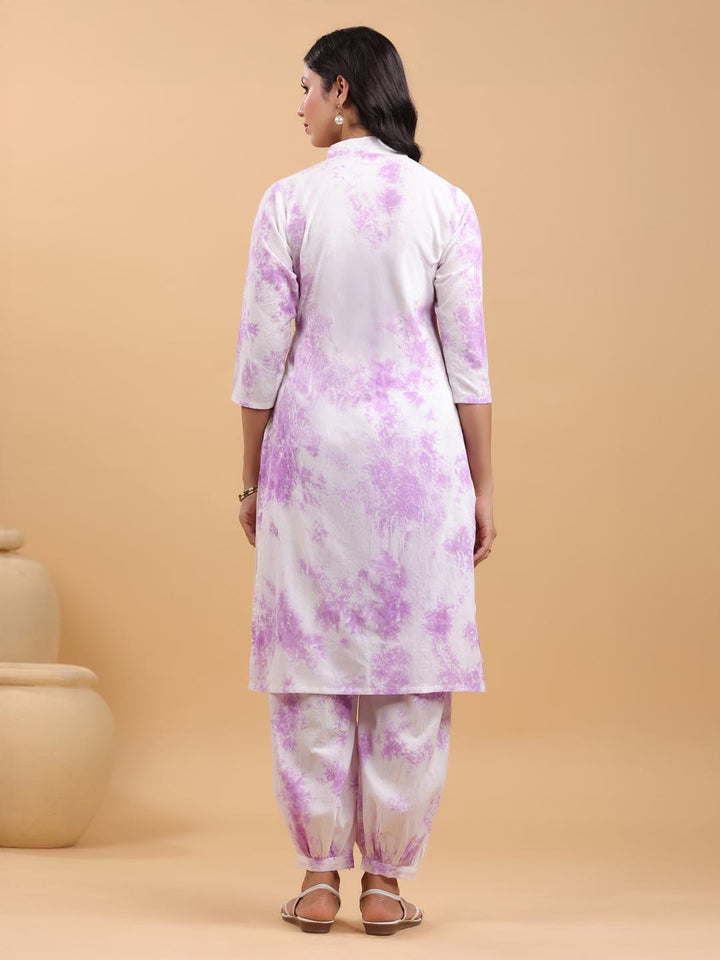 White Cotton Lavender Tie-Dye Kurta Set