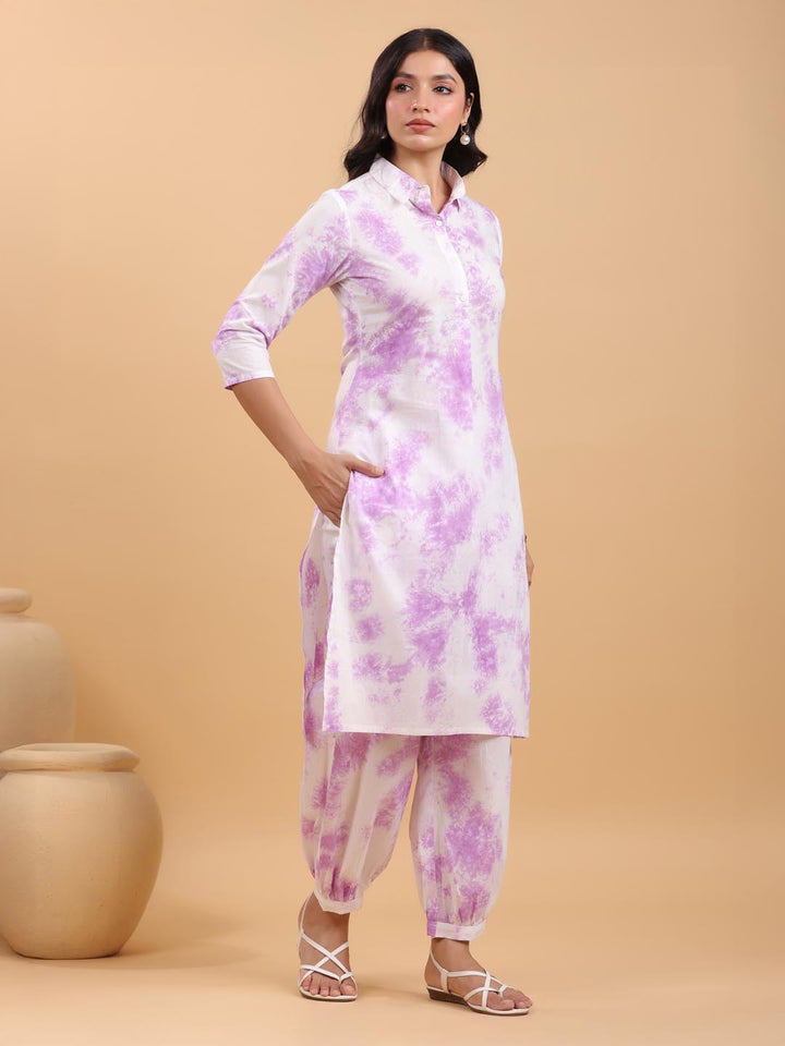 White Cotton Lavender Tie-Dye Kurta Set