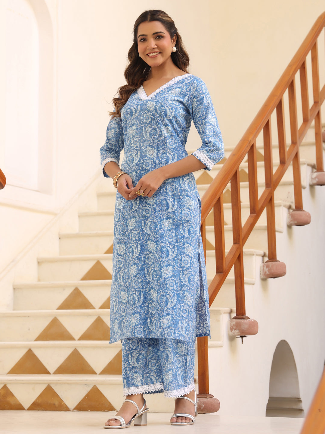 Light Blue Cotton Floral Straight Kurta Set