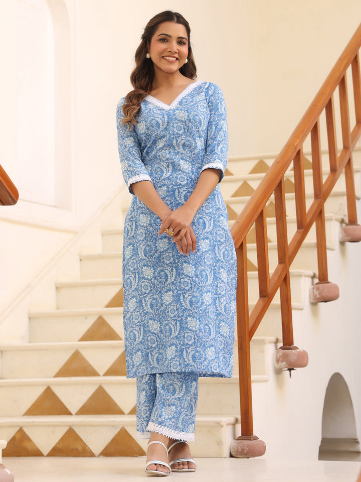 Light Blue Cotton Floral Straight Kurta Set