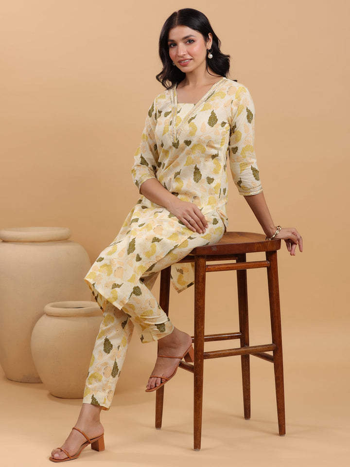 Cream Cotton Floral Straight Kurta Set