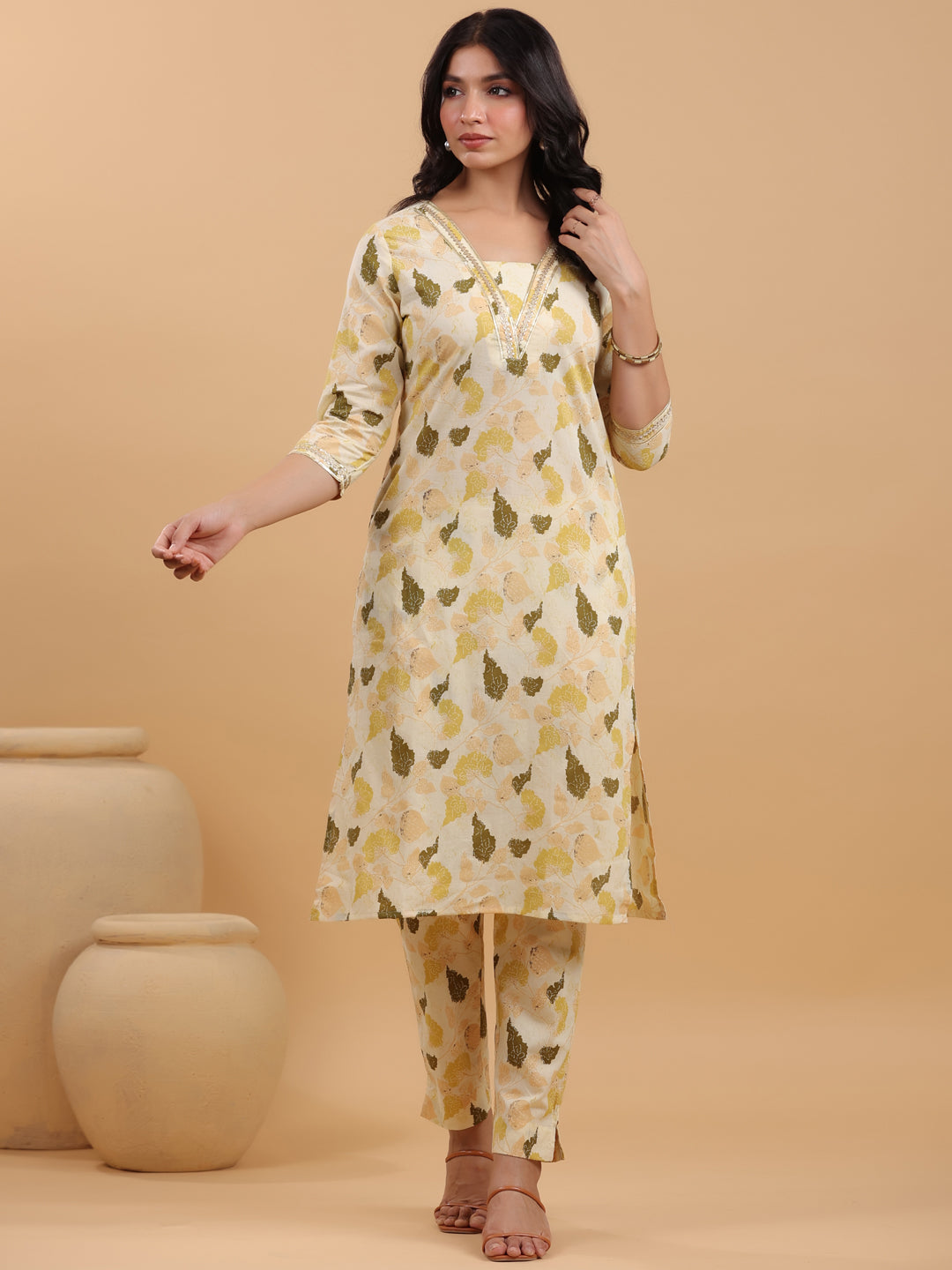 Cream Cotton Floral Straight Kurta Set