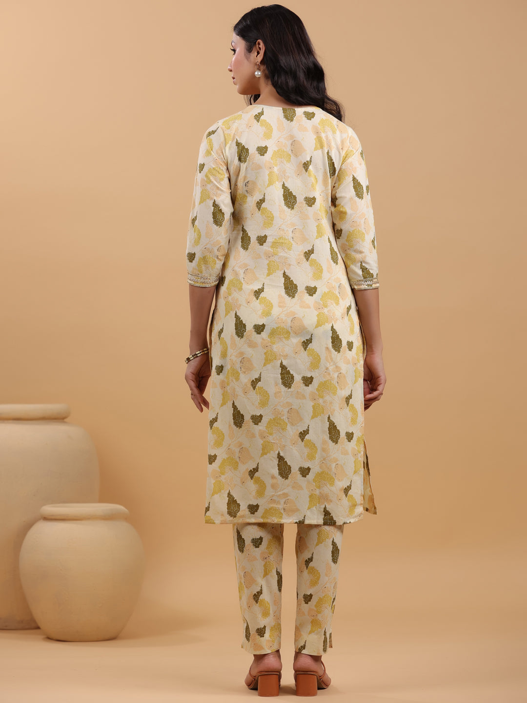 Cream Cotton Floral Straight Kurta Set