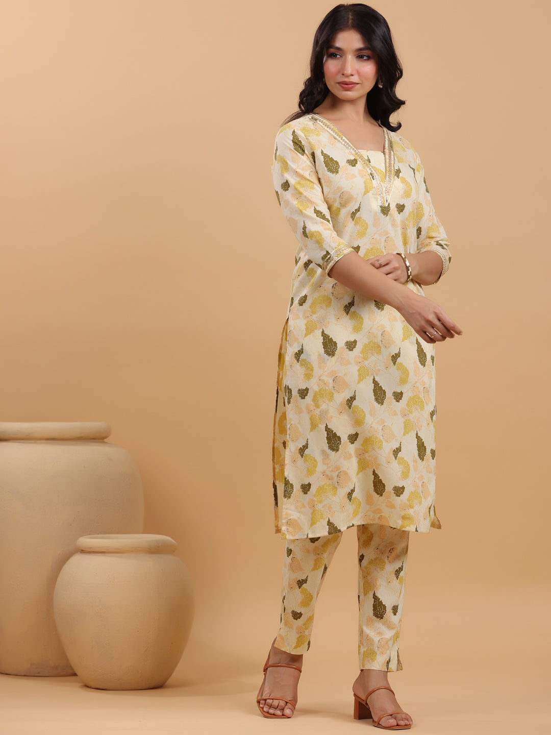 Cream Cotton Floral Straight Kurta Set