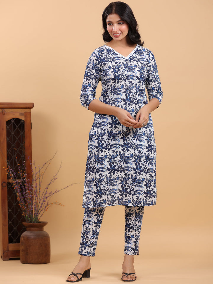 White Cotton Navy Floral Straight Kurta Set