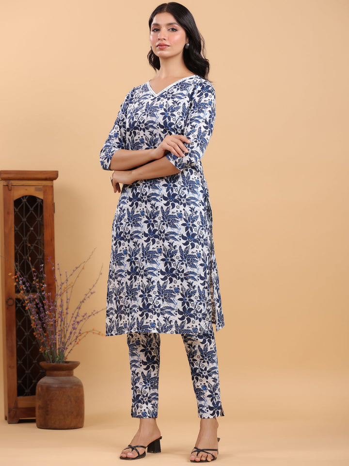 White Cotton Navy Floral Straight Kurta Set