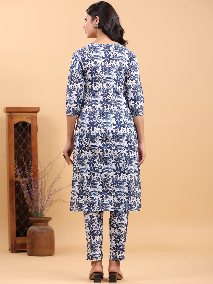 White Cotton Navy Floral Straight Kurta Set