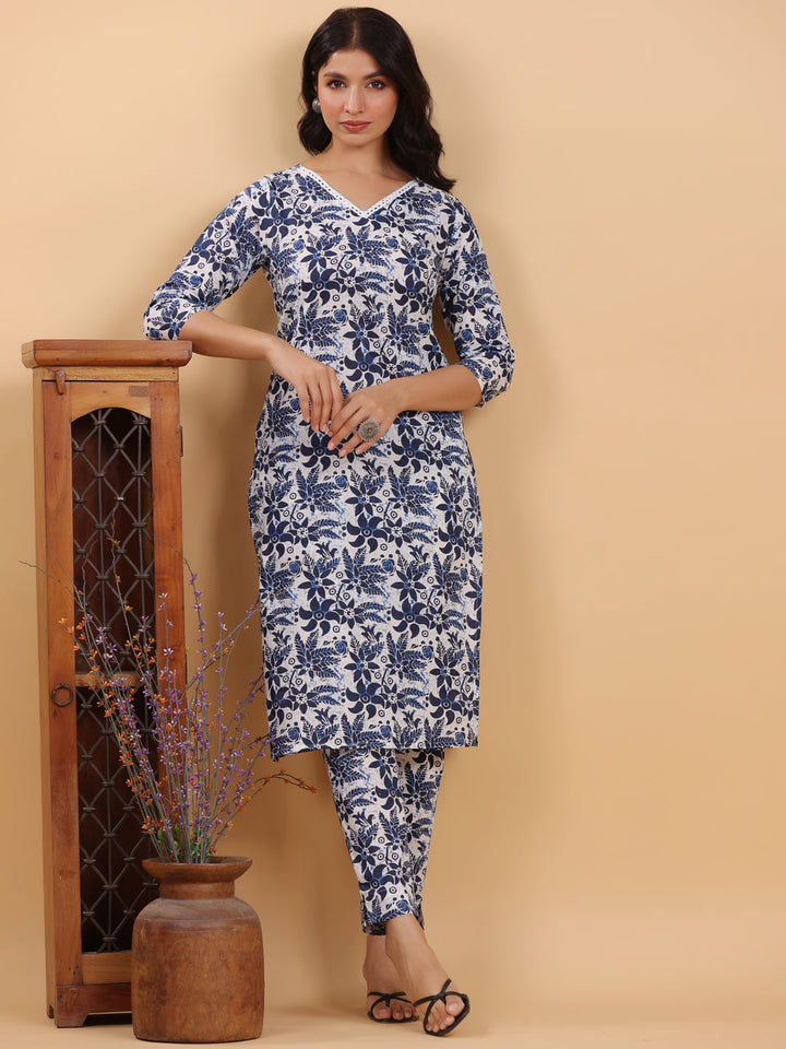 White Cotton Navy Floral Straight Kurta Set