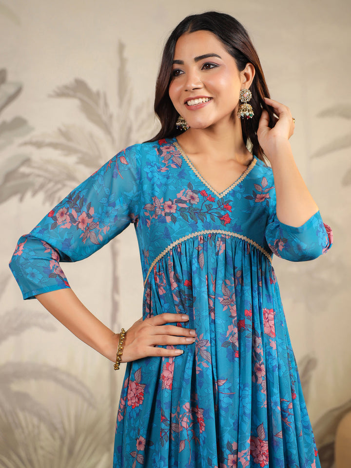 Teal Georgette Floral Printed Kurta Set