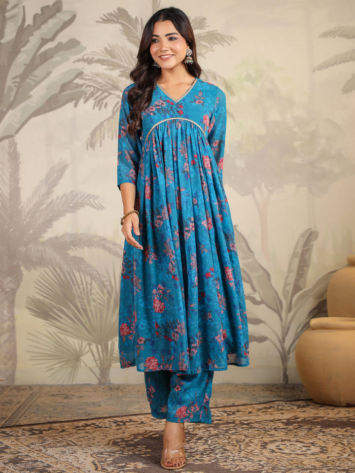 Teal Georgette Floral Printed Kurta Set