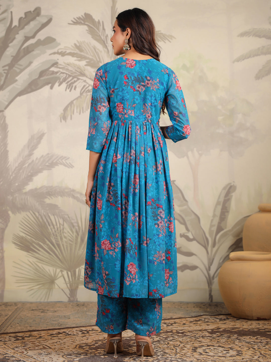 Teal Georgette Floral Printed Kurta Set