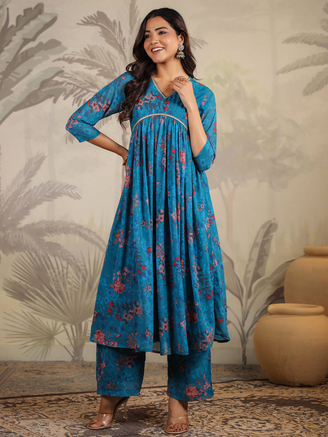 Teal Georgette Floral Printed Kurta Set