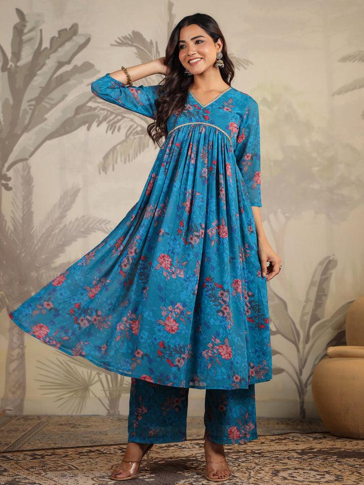 Teal Georgette Floral Printed Kurta Set