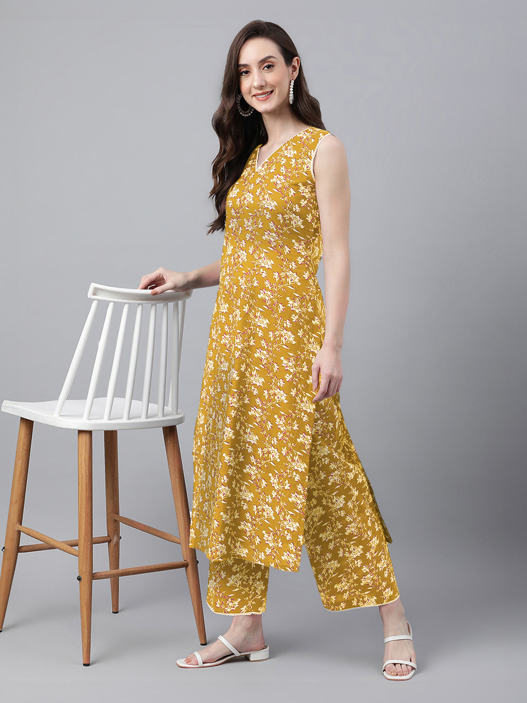 Mustard Cotton Floral Printed Kurta Set