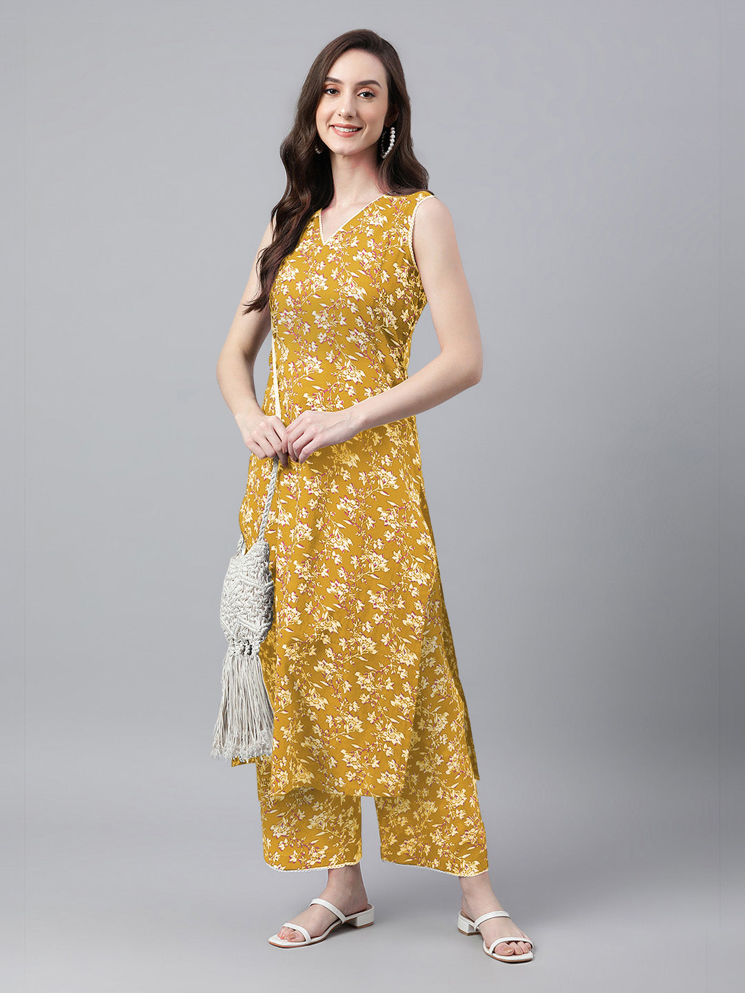 Mustard Cotton Floral Printed Kurta Set