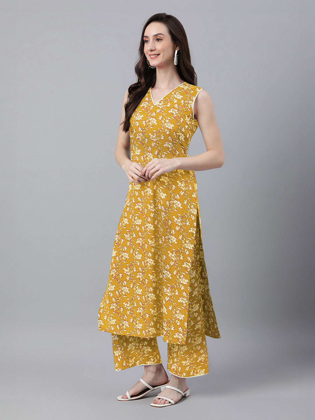 Mustard Cotton Floral Printed Kurta Set