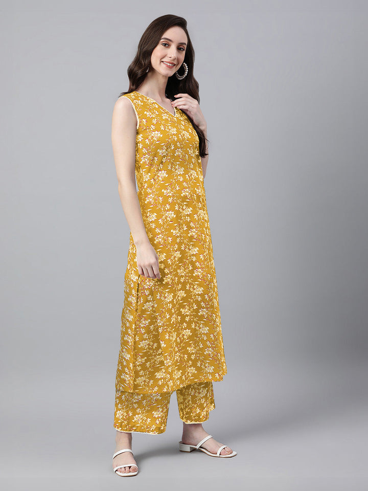 Mustard Cotton Floral Printed Kurta Set